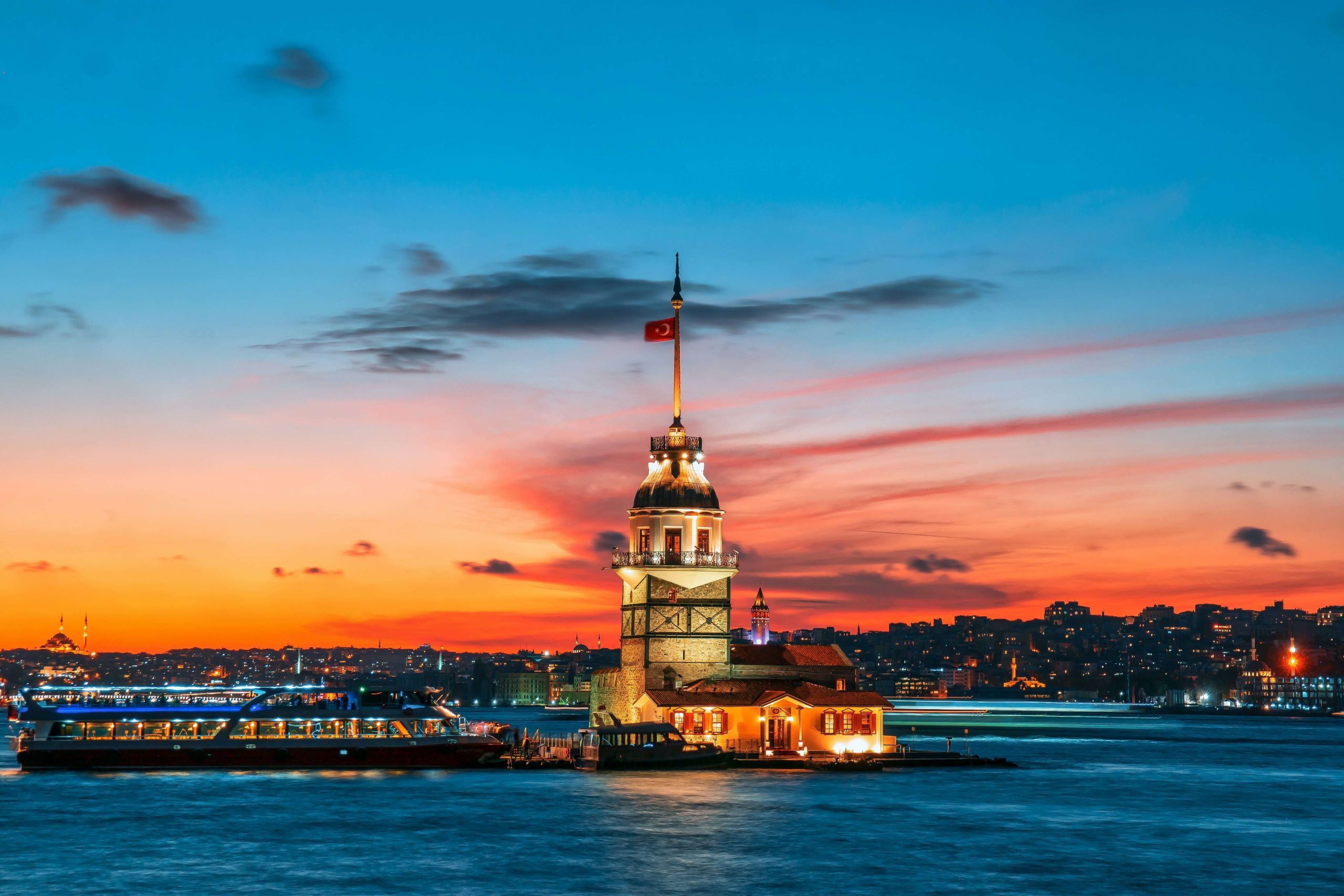 Istanbul landmark at sunset with the sea around it